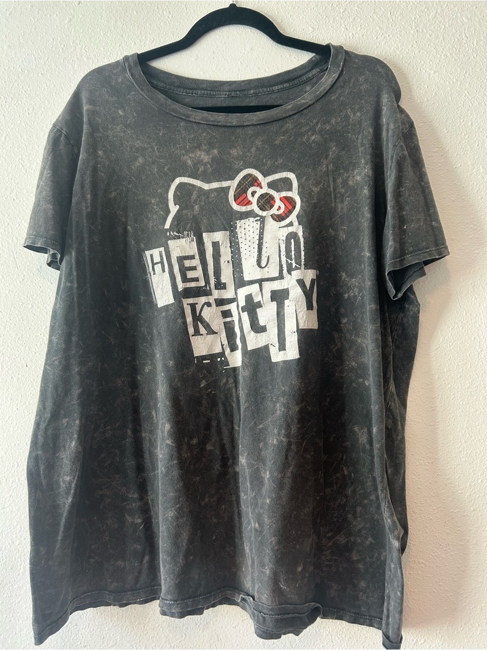Sanrio Black Distressed Hello Kitty Graphic Tee with Red Bow